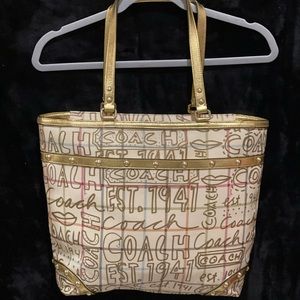 COACH LIMITED EDITION Heritage Cream/Gold Graffiti Tattersall Coated Canvas Tote